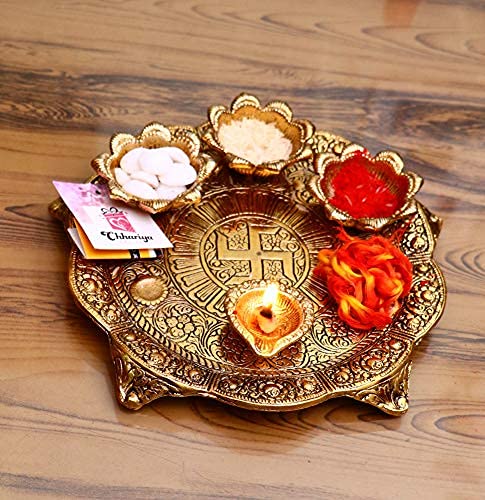 Metal Pooja Thali With Diya For Home And Office