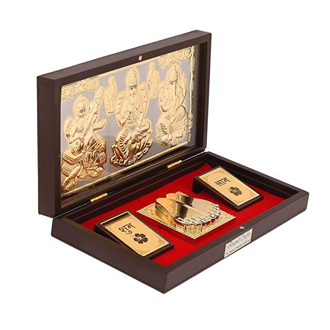 Gold Plated Laxmi Ganesh Saraswati Charan Paduka