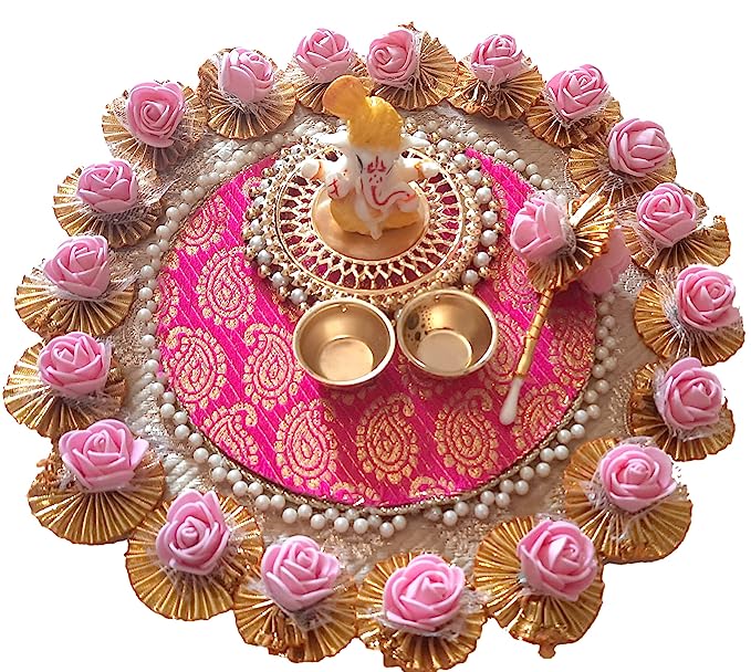 Golden metal wooden Base Pooja thali